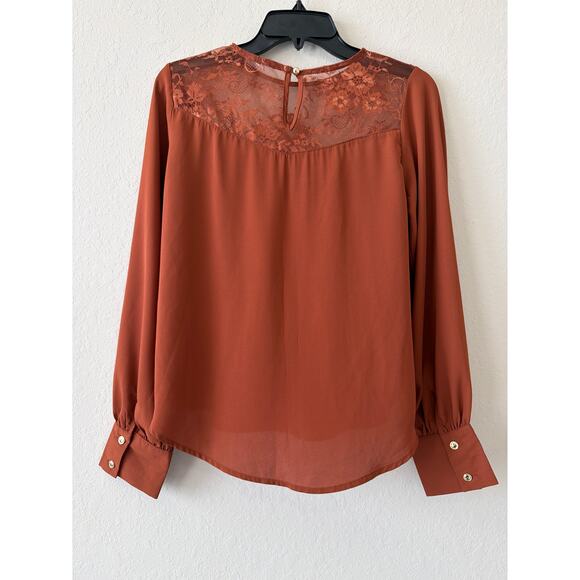 A'gaci Burnt Orange Blouse Top Sheer Lace Yoke Long Sleeves Women’s Medium Y2K - Picture 5 of 8